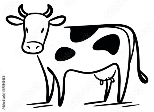 Hand drawn line art illustration of a spotted dairy cow depicting a standing side view for farm and agricultural concepts