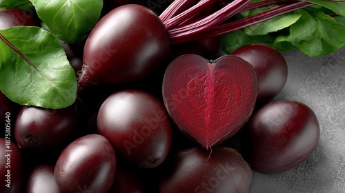 Vibrant root vegetables on slate, Fresh beets with leafy greens displayed elegantly
