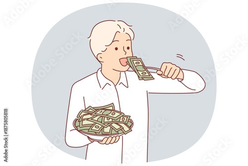 Greedy man eats money from plate, symbolizing greed and ambition for wealth or big salary