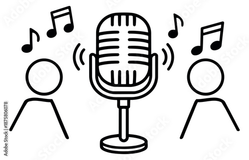 Line art illustration of a microphone and two people depicting singing with musical notes for a music performance
