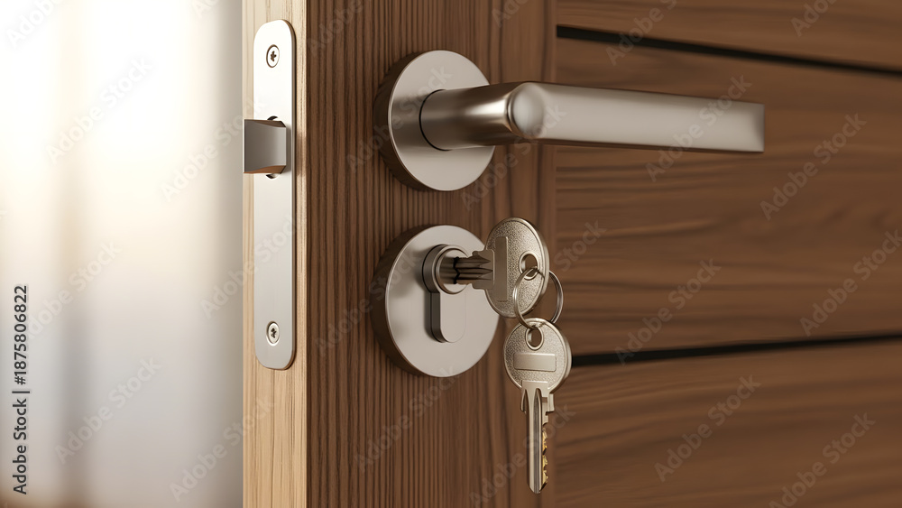 Obraz premium Modern wooden entrance door with brushed metal hardware | Keys inserted in cylinder lock for home security access | Detailed close-up of contemporary interior door handle