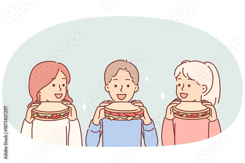 Little children eat sandwiches, satisfying hunger with delicious snack bought at fast food cafe