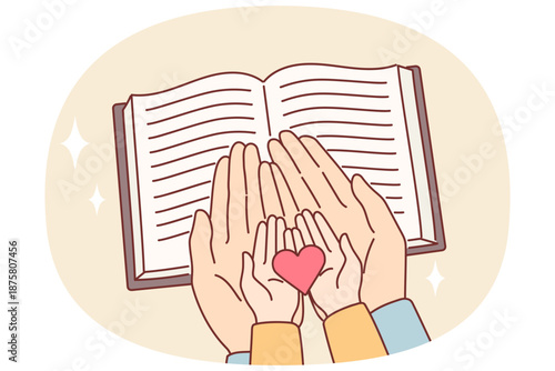 Hands of child and mother over bible with christian prayers, as metaphor for religious education