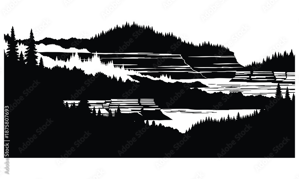 Obraz premium Black and white silhouette of a layered landscape with pine trees mountains and water nature