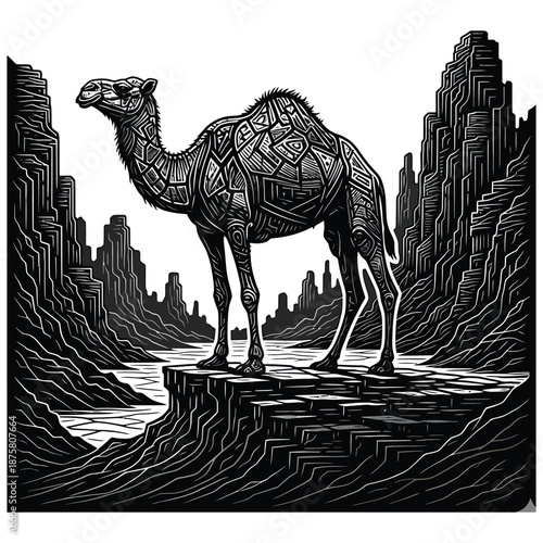 Black and white illustration of a camel standing on a rocky ledge overlooking a canyon with a river dromedary