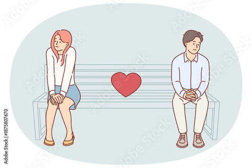 Shy couple on first date, sitting on park bench and feeling awkward due to lack of common interests