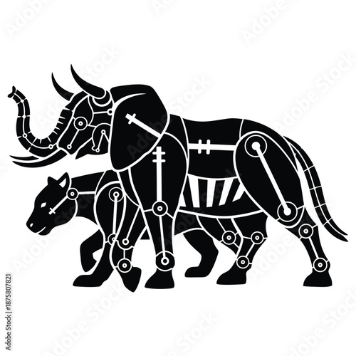Black silhouette of a mechanical elephant and a mechanical panther walking together robot cyborg