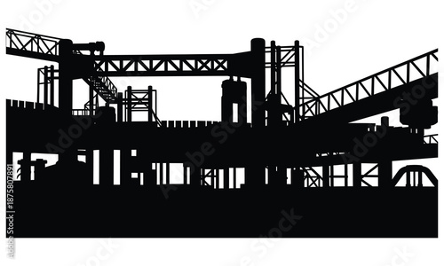 Black silhouette of industrial oil rig platform with cranes and structures offshore
