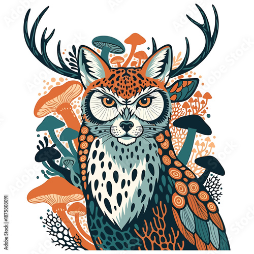 Stylized owl fox hybrid with antlers and mushrooms in orange teal and cream forest fantasy