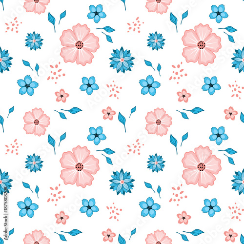 Vector seamless pattern with pink and blue flowers on a white background. Perfect for printing on clothes, textiles, wallpapers, wrapping paper, scrapbooking.