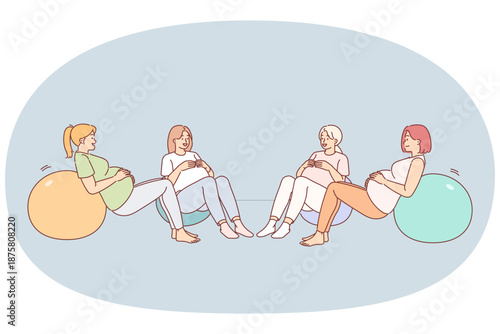 Pregnant women do fitball exercise during group classes to prepare for childbirth and improve health