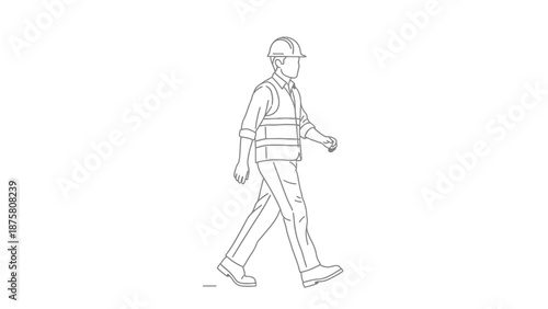 Man Walking Wearing Hard Hat and Vest.