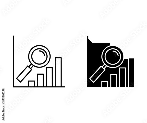 Magnifying glass examining bar chart with black and white versions side by side analysis data statistics