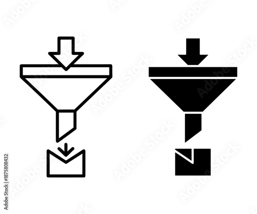 Two funnel diagrams with arrows showing flow direction in black and white line and solid black