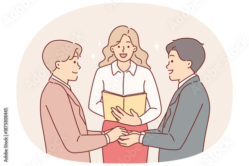 Gay men at wedding ceremony and creation new family, standing near woman registering LGBT marriage