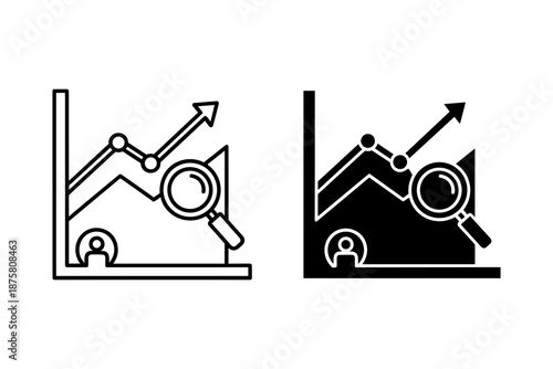 Two line graphs with magnifying glasses and upward arrows in black and white data analysis