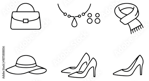 Clean line art fashion accessories set featuring a handbag, jewelry, scarf, hat, and high heels for women's style