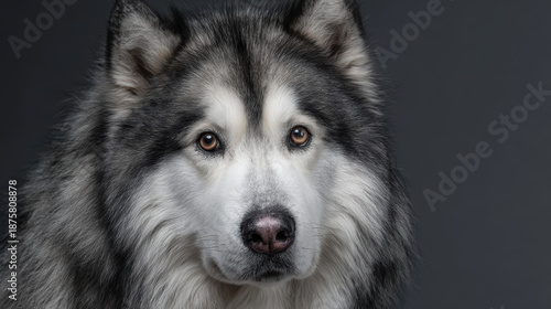 Close-up portrait of a black-and-white dog with expressive eyes