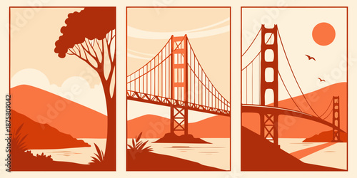 U.S, USA, US, United States - Golden Gate Bridge Triptych Art – Warm Minimal Landscape Illustration, Vintage Coastal Wall Decor, Scenic Nature & Architecture Poster for Home or Office
