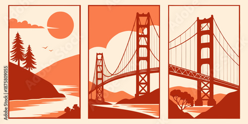 U.S, USA, US, United States - Golden Gate Bridge Triptych Art – Warm Minimal Landscape Illustration, Vintage Scenic Wall Decor, Nature & Architecture Poster for Home or Office
