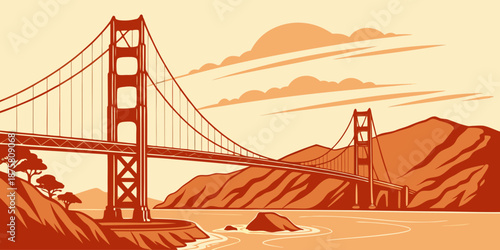 U.S, USA, US, United States - Golden Gate Bridge Art Print – Warm Minimal Landscape Illustration, Vintage Scenic Wall Decor, Nature & Architecture Poster for Home or Office
