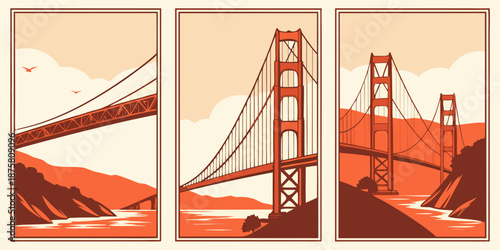 U.S, USA, US, United States - Golden Gate Bridge Triptych Art – Warm Minimal Landscape Illustration, Vintage Scenic Wall Decor, Nature & Architecture Poster for Home or Office
