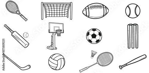 A collection of various sports equipment and balls on a white background