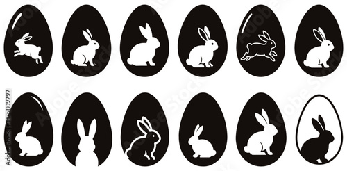 A collection of black and white Easter eggs with rabbit silhouettes