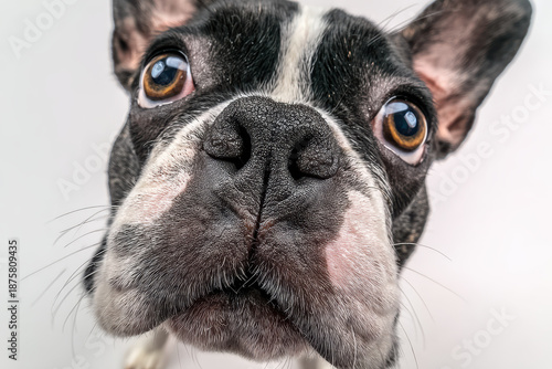 Close-up of a black and white dog's face with expressive eyes