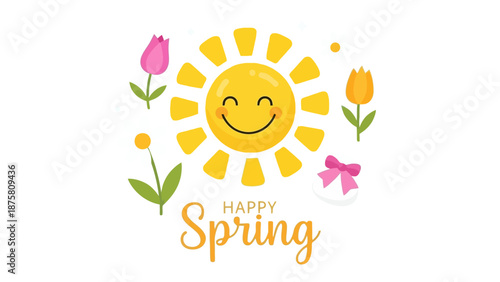 A vibrant illustration of a smiling sun surrounded by colorful flowers and tulips celebrating the arrival of spring