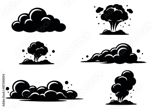 Bold graphic smoke explosion set featuring various dust clouds and blast effects for visual design