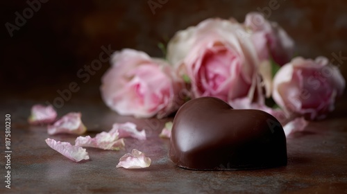 Heart-shaped chocolate surrounded by artfully scattered roses, classic romantic composition, elegant and indulgent