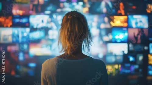 A person amidst a blur of screens