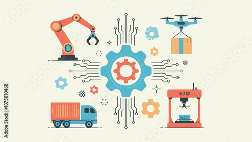 Modern industrial automation with robotic arm, drone delivery, 3D printing, and logistics