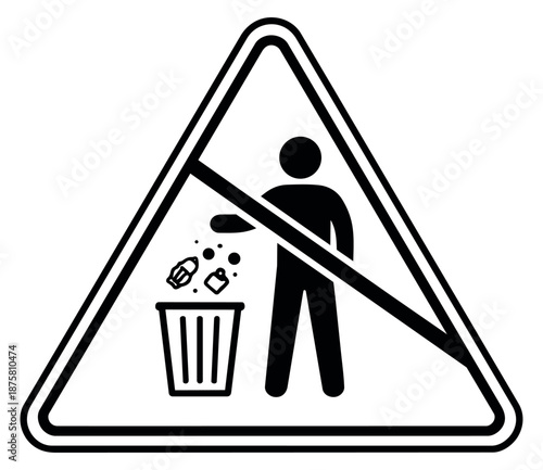 Simple line art illustration of a no littering sign depicting a person discarding rubbish into a bin with a diagonal line through it for environmental protection