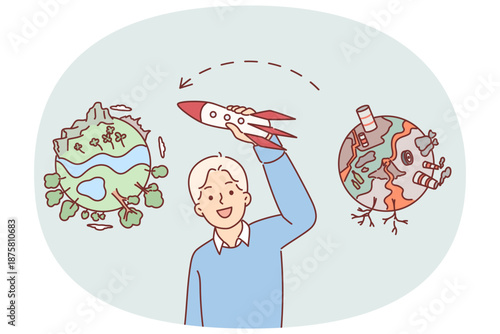 Boy dreams ecological migration, which will allow to leave polluted planet and fly away on rocket