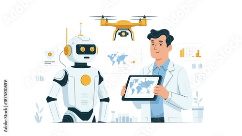 Innovative tech collaboration with robot and engineer in modern lab