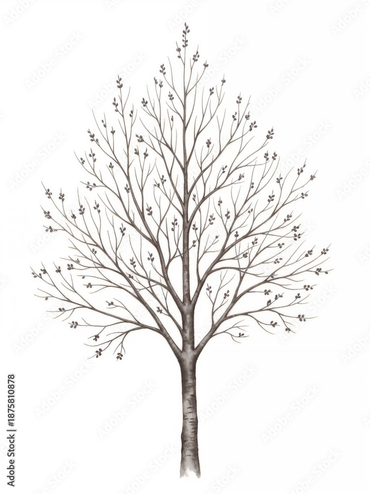 Obraz premium Monochrome cherry tree with sparse leaves for cherry tree pruning structure study and garden layout design