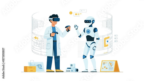Innovative tech professional interacting with advanced robot in virtual reality