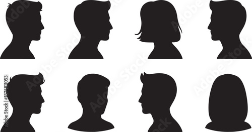 Diverse silhouettes of male and female profiles on a white background
