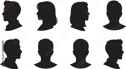 Diverse human head silhouettes: male and female profiles and back views