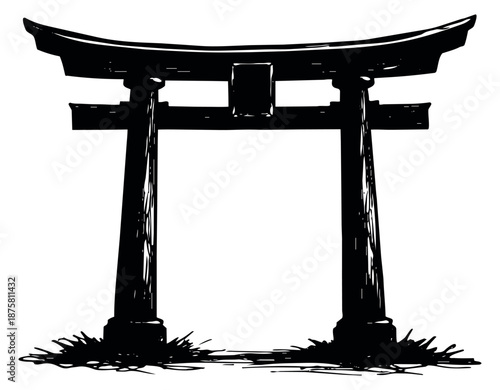 Hand drawn line art illustration of a Japanese Torii gate depicting a traditional shrine entrance for cultural concepts