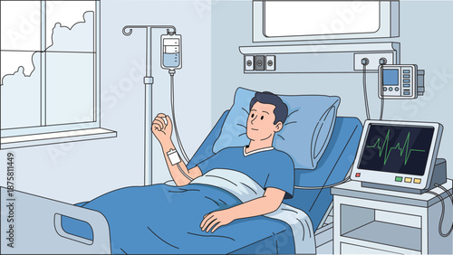 Male Patient Resting in Hospital Bed with IV Drip and Heart Monitor