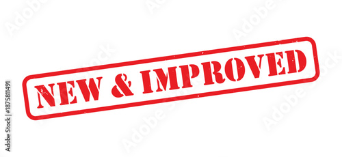 New and Improved Red Grunge Rubber Stamp, Distressed Vintage Ink Upgraded Product Label, Enhanced Quality and Better Version Mark, Rough Texture Marketing, Business, and Promotion Concept