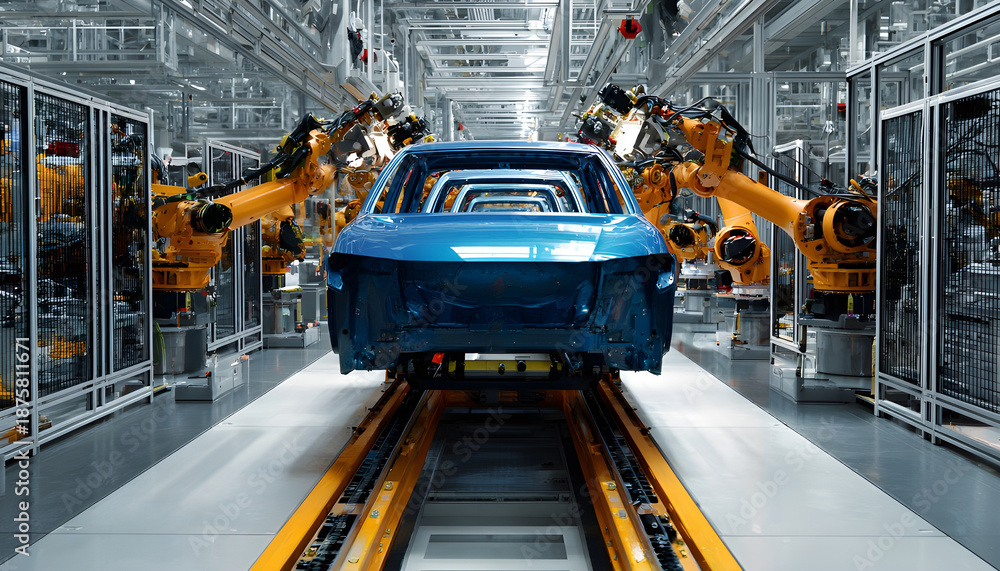 Fototapeta premium In automotive production AIpowered inspection captures a closeup of sensors evaluating car paint finish ensuring flawless exterior surface quality