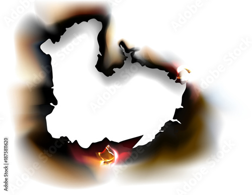 a white silhouette on a blurry background of flames