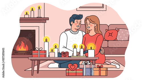 Couple shares romantic dinner by candlelight in cozy living room with fireplace and gifts