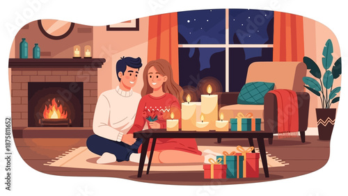 Celebrating Valentine's love and romance A couple's cozy, intimate evening by the fireplace, with candles and gifts, creating cherished memories