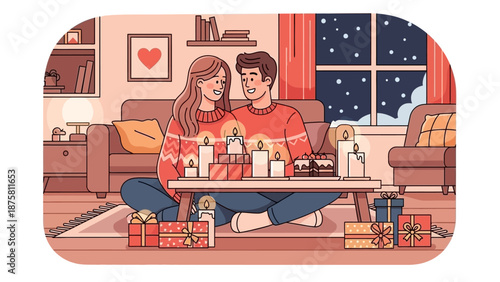 A heartwarming valentine's evening filled with love and romance, as a happy couple celebrates special moments with gifts and candlelight in their cozy home