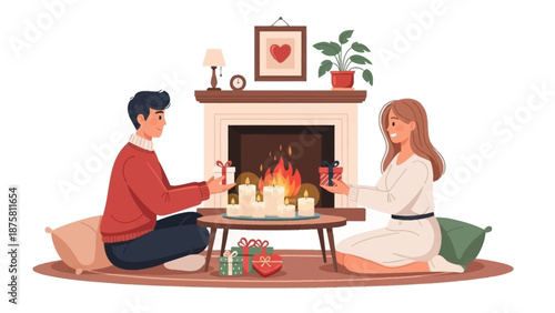 A cozy valentine evening scene where a loving couple exchanges romantic gifts by a warm fireplace, celebrating their deep affection and connection